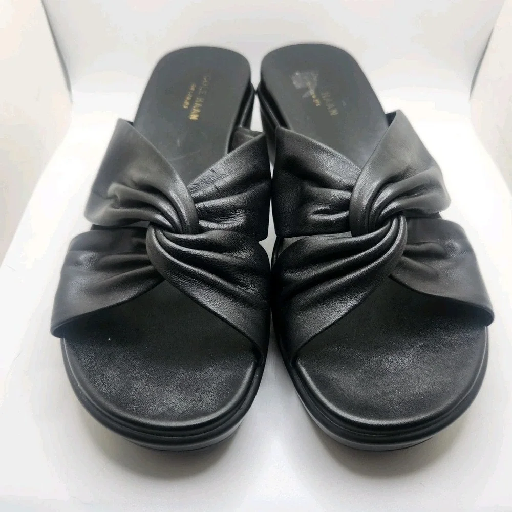 Cole Haan Grand.OS Black Leather Twist Knot Wedge Platform Sandals W14026 Sz 8.5